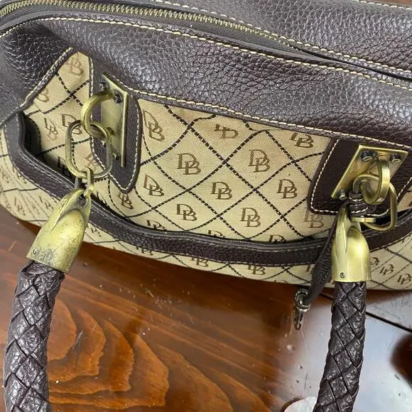 Dooney And Bourke Vintage Leather Brown Leather Signature Canvas Satchel Handbag
